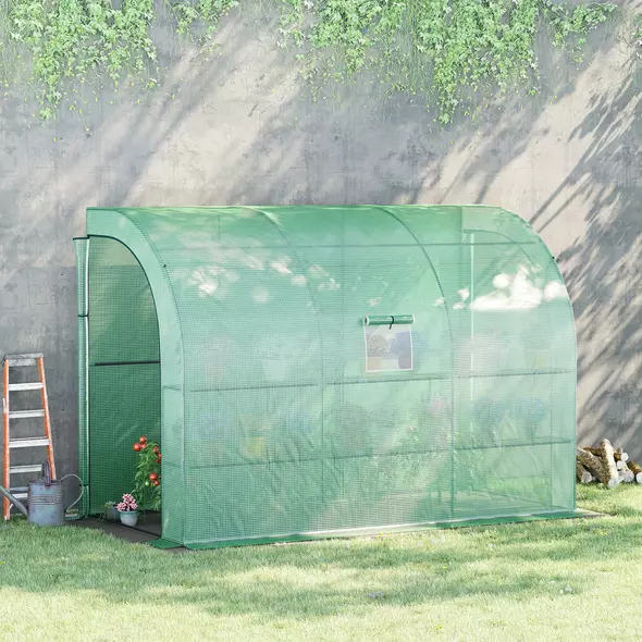 Outsunny Walk-In Lean to Greenhouse with Windows and Zippered Doors, 2 Tiers 6 Wired Shelves 300L x 150W x 213Hcm Green - 2