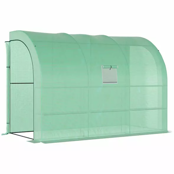 Outsunny Walk-In Lean to Greenhouse with Windows and Zippered Doors, 2 Tiers 6 Wired Shelves 300L x 150W x 213Hcm Green - 1