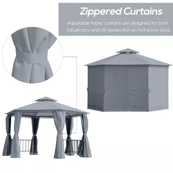 Outsunny 3 x 3(m) Hexagon Gazebo Patio Canopy Party Tent Outdoor Garden Shelter w/ 2 Tier Roof & Side Panel - Grey - 7