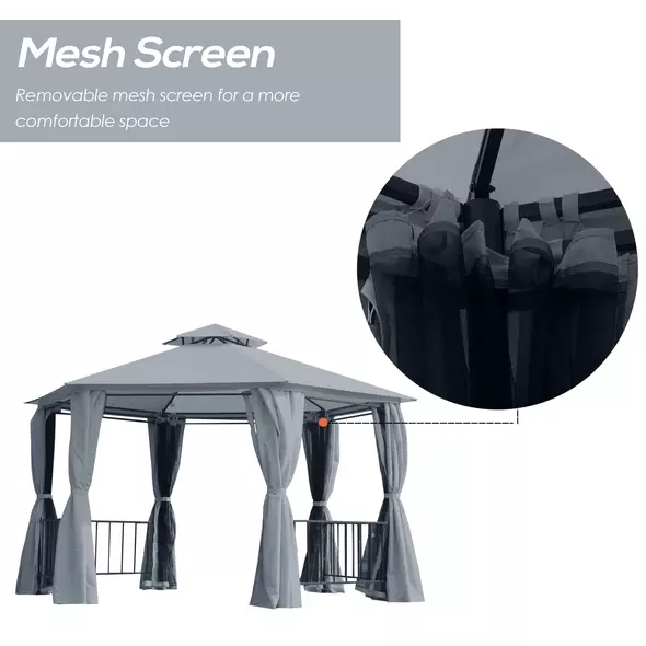 Outsunny 3 x 3(m) Hexagon Gazebo Patio Canopy Party Tent Outdoor Garden Shelter w/ 2 Tier Roof & Side Panel - Grey - 6