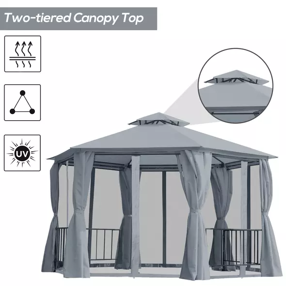 Outsunny 3 x 3(m) Hexagon Gazebo Patio Canopy Party Tent Outdoor Garden Shelter w/ 2 Tier Roof & Side Panel - Grey - 4