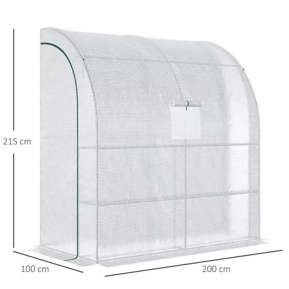 Outsunny Walk-In Lean to Wall Greenhouse with Windows and Doors, Outdoor Green House with 3 Tiers 4 Wired Shelves, 200L x 100W x 215Hcm, White - 3