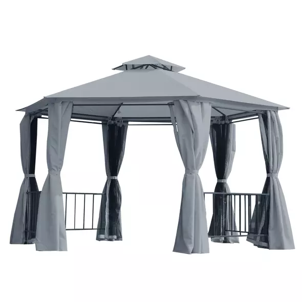 Outsunny 3 x 3(m) Hexagon Gazebo Patio Canopy Party Tent Outdoor Garden Shelter w/ 2 Tier Roof & Side Panel - Grey - 1