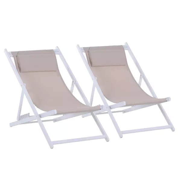 Outsunny Set of 2 Folding Garden Beach Aluminium Frame Deck Chairs Deckchairs Seaside Folding Garden Patio Lounger, Beige - 1