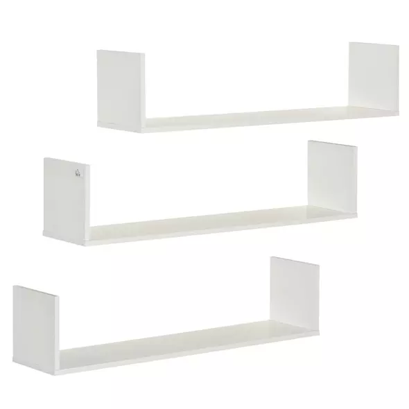 HOMCOM Set of 3 Wooden U-Shaped Floating Shelves Set, 80cm Wall Mounted Hanging Bookshelf, CD DVD Storage Display for Bedroom Living Room Kitchen, White - 2