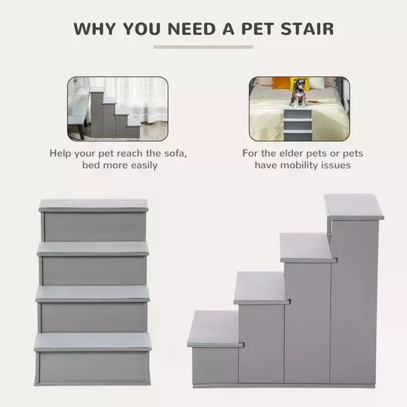 PawHut 4 Step Dog Steps for Bed, Wooden Dog Steps for Sofa, Pet Stairs for Bed Couch with Non-Slip Carpet for Cats and Puppies, 40 x 59 x 54.2 cm, Grey - 5