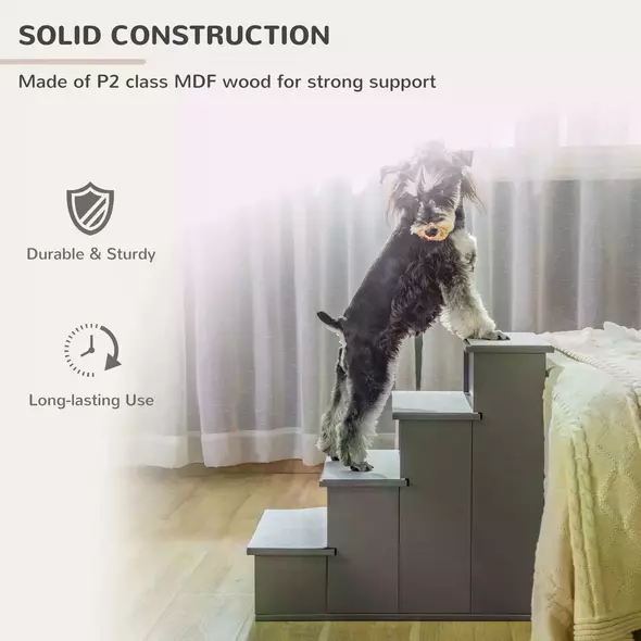 PawHut 4 Step Dog Steps for Bed, Wooden Dog Steps for Sofa, Pet Stairs for Bed Couch with Non-Slip Carpet for Cats and Puppies, 40 x 59 x 54.2 cm, Grey - 6