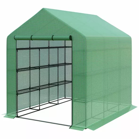 Outsunny Walk-in Greenhouse with 4 Tier 24 Shelves, Portable Grow House with Roll-up Zipped Door, 244 x 180 x 210cm, Green - 1