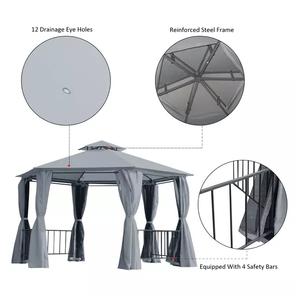 Outsunny 3 x 3(m) Hexagon Gazebo Patio Canopy Party Tent Outdoor Garden Shelter w/ 2 Tier Roof & Side Panel - Grey - 5