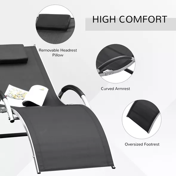 Outsunny Sun Lounger Reclining Chair Portable Armchair with Pillow for Garden Patio Outside Aluminium Frame, Black - 7