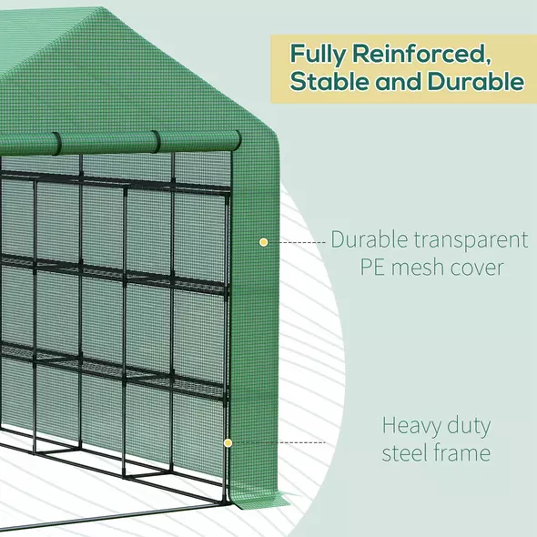 Outsunny Walk-in Greenhouse with 4 Tier 24 Shelves, Portable Grow House with Roll-up Zipped Door, 244 x 180 x 210cm, Green - 6