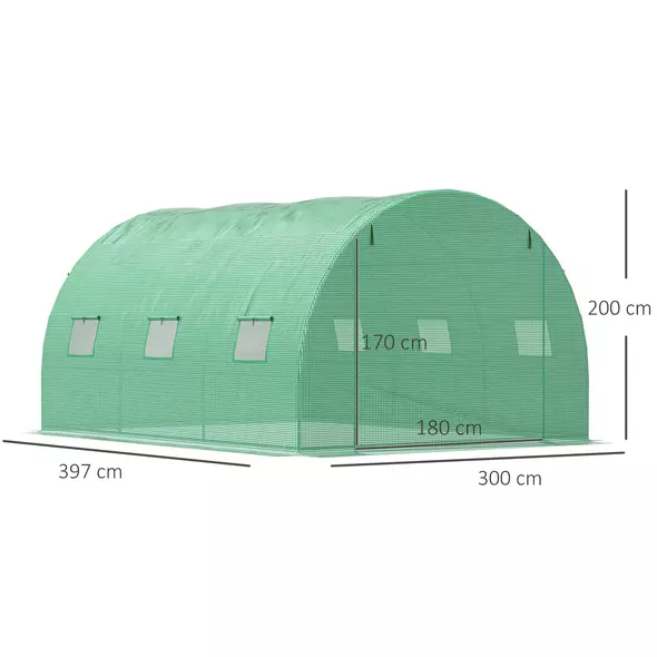 Outsunny Walk-in Polytunnel Greenhouse, Outdoor Garden Tunnel Greenhouse Tent with Zipped Roll-Up Door and 6 Mesh Windows, 4 x 3M - 3