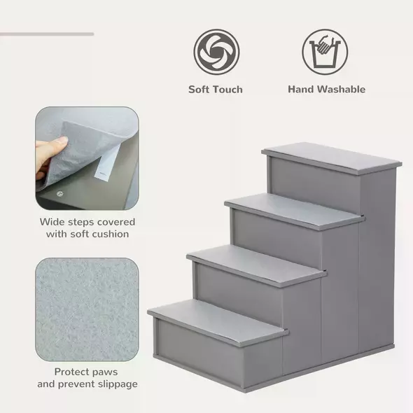 PawHut 4 Step Dog Steps for Bed, Wooden Dog Steps for Sofa, Pet Stairs for Bed Couch with Non-Slip Carpet for Cats and Puppies, 40 x 59 x 54.2 cm, Grey - 4