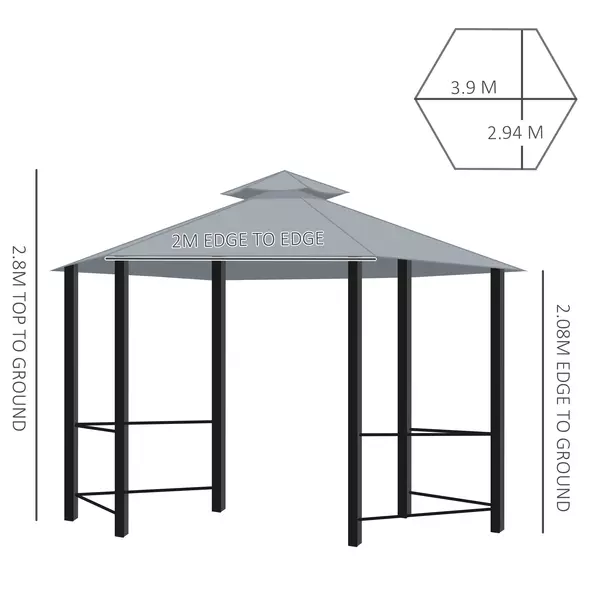 Outsunny 3 x 3(m) Hexagon Gazebo Patio Canopy Party Tent Outdoor Garden Shelter w/ 2 Tier Roof & Side Panel - Grey - 3