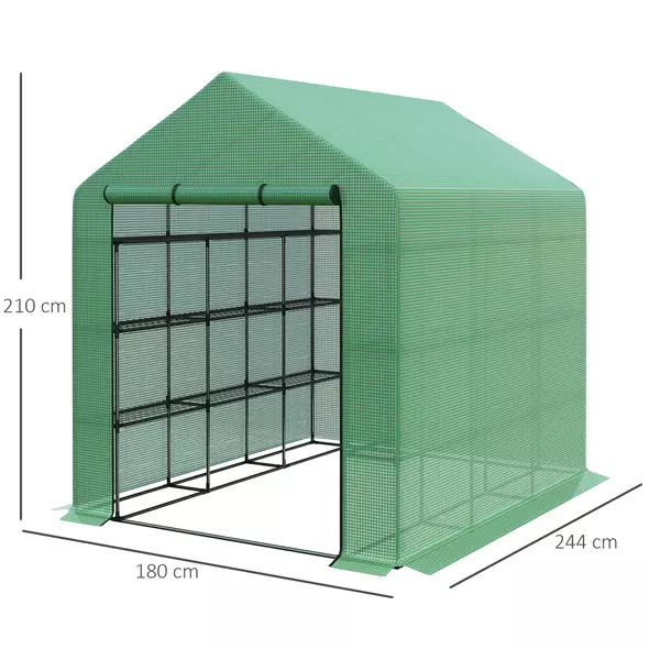 Outsunny Walk-in Greenhouse with 4 Tier 24 Shelves, Portable Grow House with Roll-up Zipped Door, 244 x 180 x 210cm, Green - 3