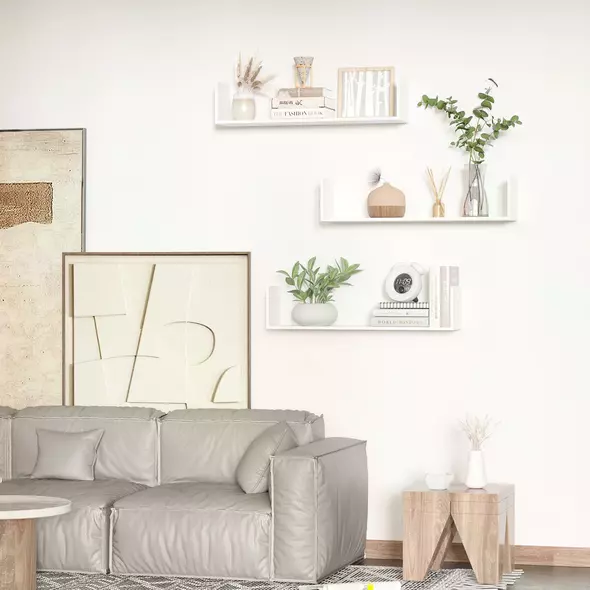 HOMCOM Set of 3 Wooden U-Shaped Floating Shelves Set, 80cm Wall Mounted Hanging Bookshelf, CD DVD Storage Display for Bedroom Living Room Kitchen, White - 6