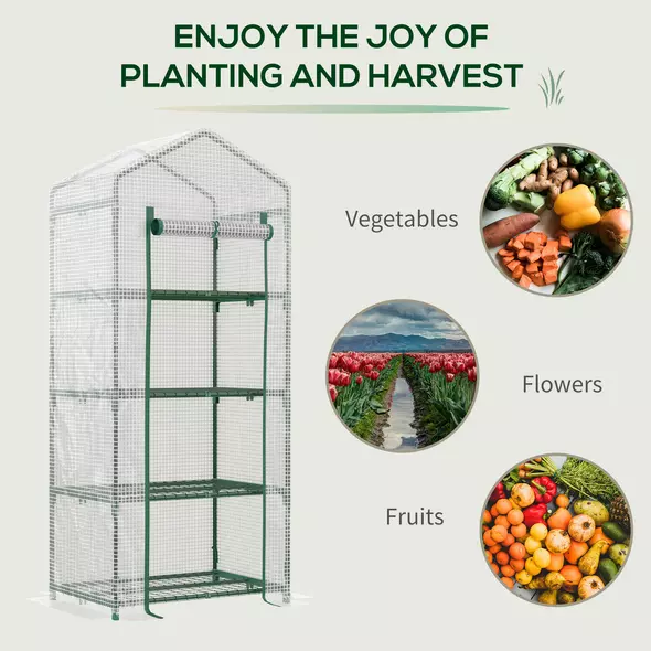 Outsunny 4 Tier Mini Greenhouse, Portable Compact Green House with Steel Frame, PE Cover, Roll-up Door, 70 x 50 x 160 cm, White - 7