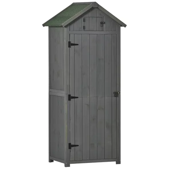 Outsunny Wooden Garden Shed, Utility Outdoor Small Shed with Lockable Double Doors, Shelves and Roof Hatch, Grey - 1