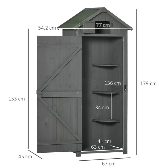 Outsunny Wooden Garden Shed, Utility Outdoor Small Shed with Lockable Double Doors, Shelves and Roof Hatch, Grey - 3