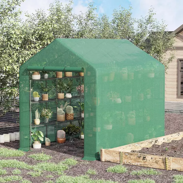 Outsunny Walk-in Greenhouse with 4 Tier 24 Shelves, Portable Grow House with Roll-up Zipped Door, 244 x 180 x 210cm, Green - 2