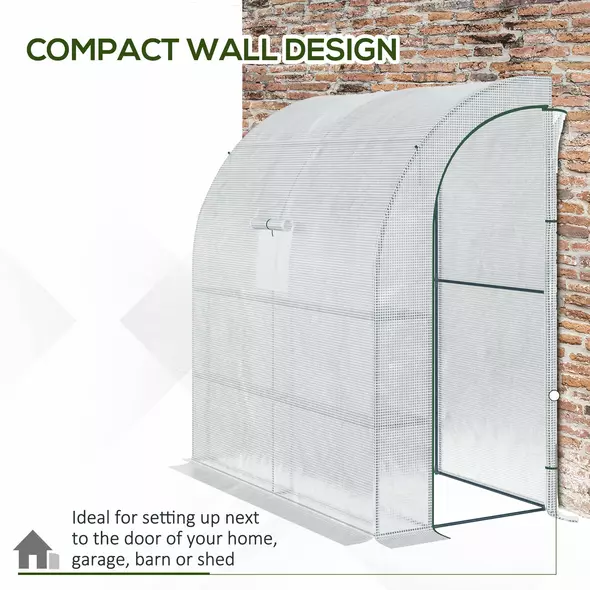 Outsunny Walk-In Lean to Wall Greenhouse with Windows and Doors, Outdoor Green House with 3 Tiers 4 Wired Shelves, 200L x 100W x 215Hcm, White - 5