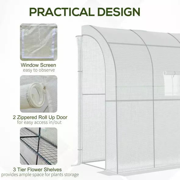 Outsunny Walk-In Lean to Wall Greenhouse with Windows and Doors, Outdoor Green House with 3 Tiers 4 Wired Shelves, 200L x 100W x 215Hcm, White - 6