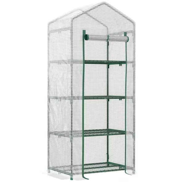 Outsunny 4 Tier Mini Greenhouse, Portable Compact Green House with Steel Frame, PE Cover, Roll-up Door, 70 x 50 x 160 cm, White - 1