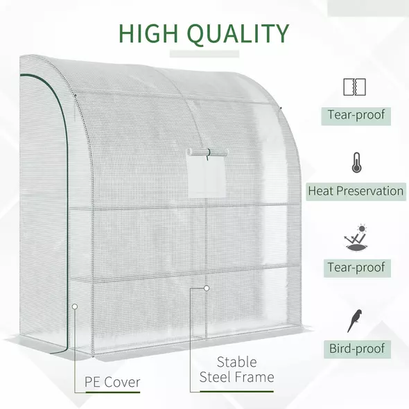 Outsunny Walk-In Lean to Wall Greenhouse with Windows and Doors, Outdoor Green House with 3 Tiers 4 Wired Shelves, 200L x 100W x 215Hcm, White - 4