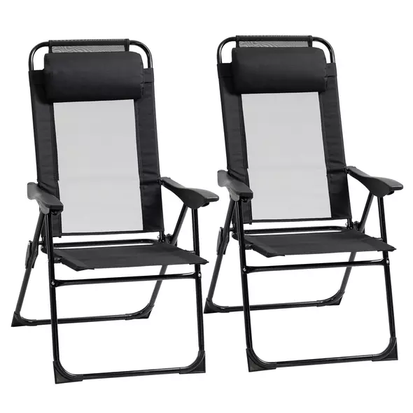 Outsunny Set of 2 Portable Folding Recliner Metal Outdoor Patio Chaise Lounge Chairs with Adjustable Backrest, Black - 1