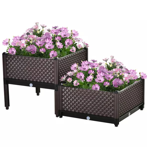 Outsunny 50cm x 50cm x 46.5cm Set of 2 41L Plastic Raised Garden Bed, Planter Box, Flower Vegetables Planting Container with Self-Watering Design and Drainage Holes for Patio Balcony - 1