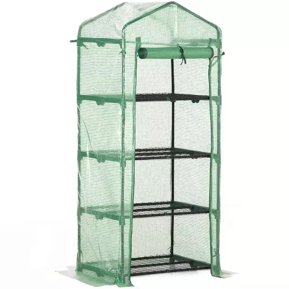 Outsunny 4 Tier Mini Greenhouse, Portable Compact Green House with Steel Frame, PE Cover, Roll-up Door, 70 x 50 x 160 cm, Green - 1