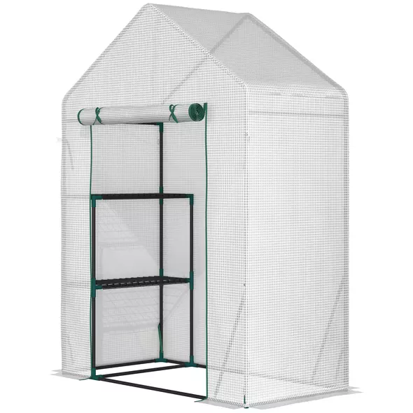 Outsunny Walk In Greenhouse with 2 Tier Shelf, Portable Gardening Plant Grow House Tomato Greenhouse with Roll up Zip Panel Door, Reinforced PE Cover, 143 x 73 x 195cm, Green - 1