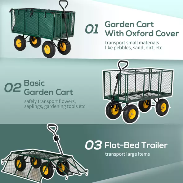 Outsunny Large 4 Wheel Heavy Duty Garden Cart Truck Trolley Wheelbarrow with Handle and Metal Frame - Green - 5