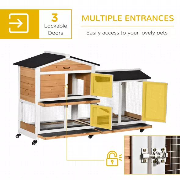 PawHut Rabbit Hutch Outdoor with Run Guinea Pig Hutch 2-Tier Bunny Cage w/ Wheels No-Leak Plastic Tray 157.4 x 53 x 99.5 cm - Yellow - 6