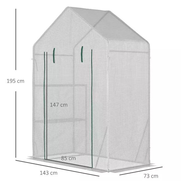 Outsunny Walk In Greenhouse with 2 Tier Shelf, Portable Gardening Plant Grow House Tomato Greenhouse with Roll up Zip Panel Door, Reinforced PE Cover, 143 x 73 x 195cm, Green - 3