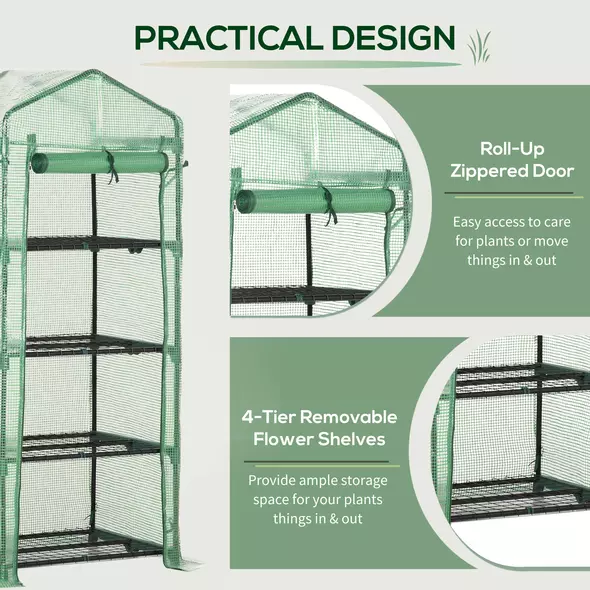 Outsunny 4 Tier Mini Greenhouse, Portable Compact Green House with Steel Frame, PE Cover, Roll-up Door, 70 x 50 x 160 cm, Green - 6