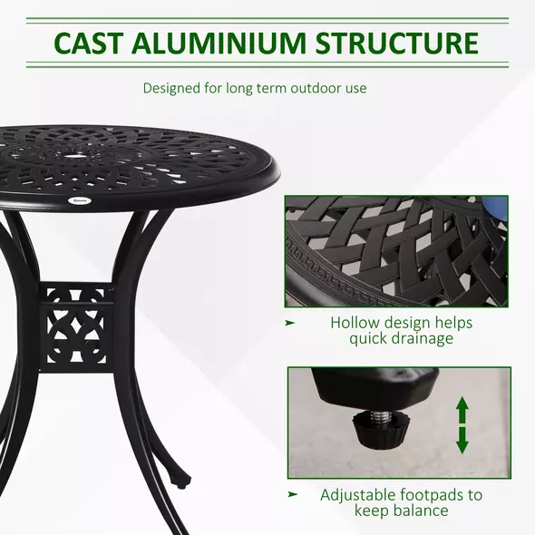 Outsunny 78 cm Round Garden Dining Table with Parasol Hole Antique Cast Aluminium Outdoor Table Only, Black - 4