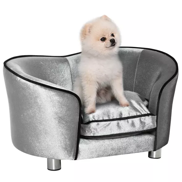 PawHut Dog Sofa Pet Chair, Kitten Bed Couch w/ Wooden Frame, Removable Cushion - Silver-Tone and Grey - 1