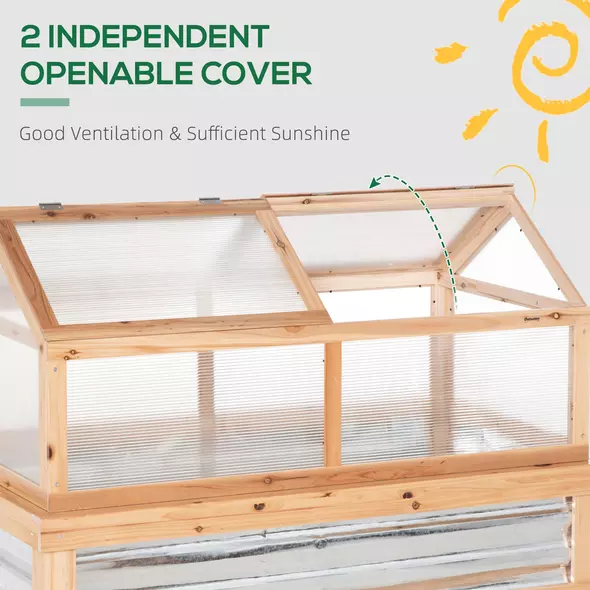 Outsunny Raised Garden Bed with Greenhouse Top, Garden Wooden Cold Frame Greenhouse Flower Planter Protection with 2 Independent Roofs, 122x 61 x 82cm, Natural - 7