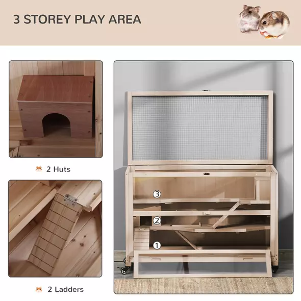 PawHut Wooden Hamster Cage, Mice Rodent Small Animals Kit Hutch, 3 Tiers Exercise Play House, with Wheels, Bottom Tray, 99 x 50 x 69 cm, Natural Wood - 4