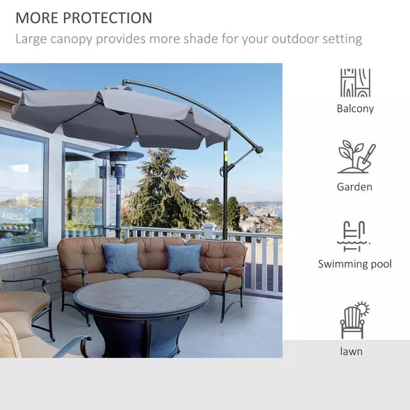 Outsunny 2.7m Garden Banana Parasol Cantilever Umbrella with Crank Handle and Cross Base for Outdoor, Hanging Sun Shade, Dark Grey - 7