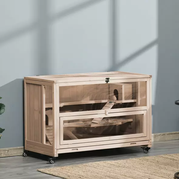 PawHut Wooden Hamster Cage, Mice Rodent Small Animals Kit Hutch, 3 Tiers Exercise Play House, with Wheels, Bottom Tray, 99 x 50 x 69 cm, Natural Wood - 2