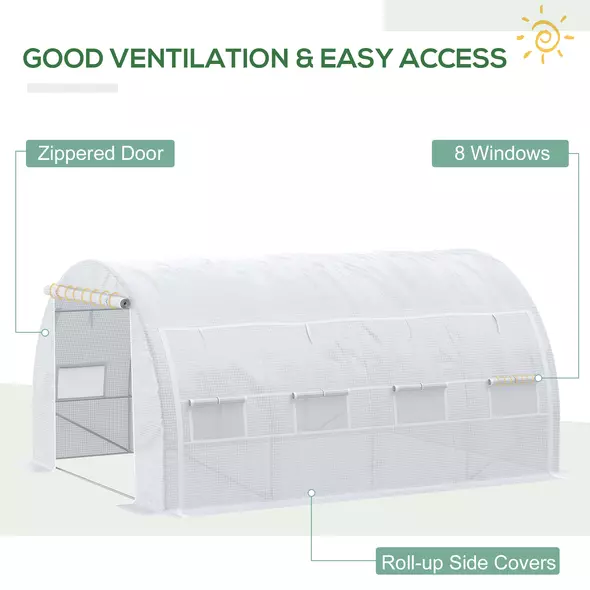 Outsunny 4 x 3 x 2 m Polytunnel Greenhouse with Roll-up Side Walls, Walk-in Grow House Tent with Steel Frame, Reinforced Cover, Zipped Door and 12 Mesh Windows for Garden, White - 5