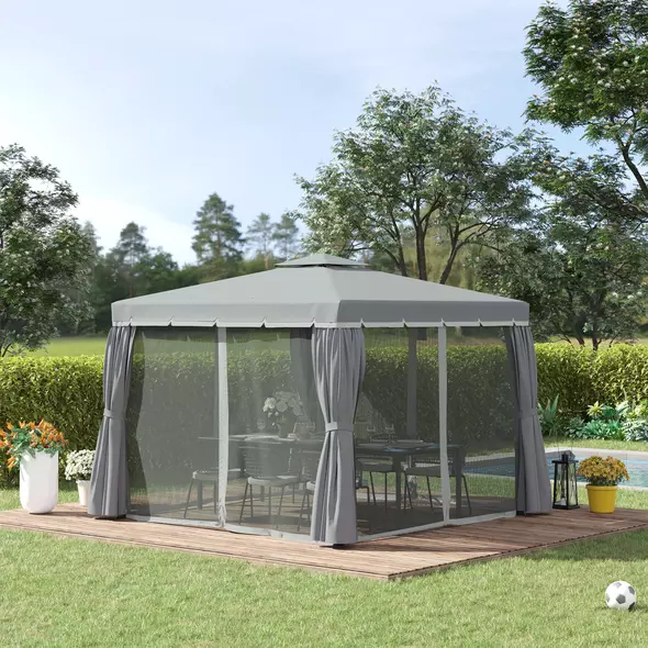 Outsunny 3 x 3(m) Patio Gazebo Canopy Garden Pavilion Tent Shelter Marquee with 2 Tier Water Repellent Roof, Mosquito Netting and Curtains, Aluminium Frame, Dark Grey - 2