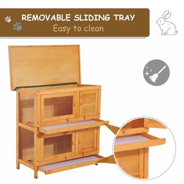 Pawhut 90cm 2 Tiers Double Decker Wooden Guinea Pigs Hutches Pet Cage - 3