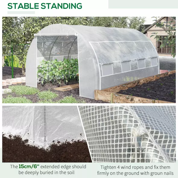 Outsunny 4 x 3 x 2 m Polytunnel Greenhouse with Roll-up Side Walls, Walk-in Grow House Tent with Steel Frame, Reinforced Cover, Zipped Door and 12 Mesh Windows for Garden, White - 6
