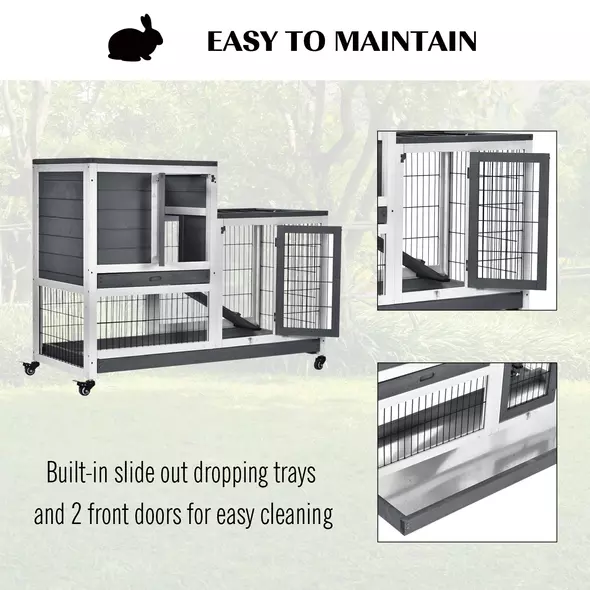 PawHut Small Animals 2-TierFir Wood Guinea Pigs Hutches Indoor Hutch Grey - 6
