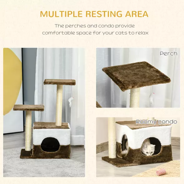 PawHut Cat Tree Tower for Indoor Cats Kitten House Scratching Posts with Condo Perch Interactive Mouse Toy, 45 x 33 x 70 cm, Brown - 5
