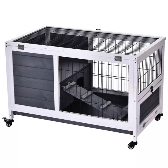 PawHut Rabbits Indoor Fir Wood Lift-Top Hutch Guinea Pigs Hutches-Grey and White - 2