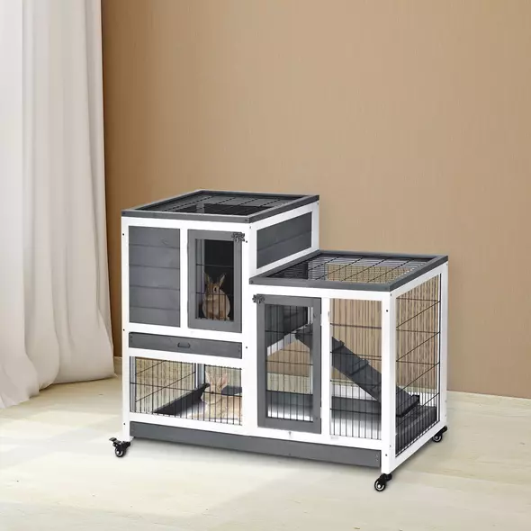 PawHut Small Animals 2-TierFir Wood Guinea Pigs Hutches Indoor Hutch Grey - 2
